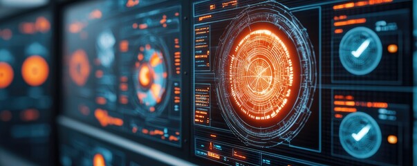 A futuristic display featuring glowing data visualizations, with intricate designs and vibrant colors, suggesting advanced technology and analytics.