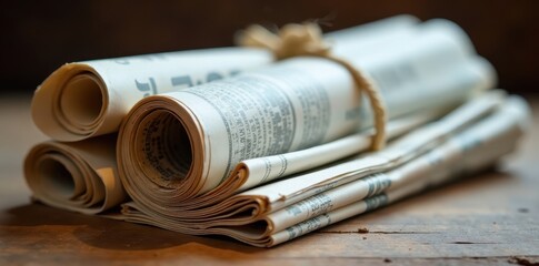 Stack of rolled-up newspapers, tied with string, news, retro