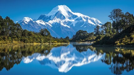  A stunning mountain landscape with a clear blue sky above, and a mirror-like body of water in the foreground. 