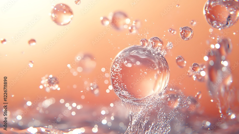 Poster water droplets splashing and floating in orange light