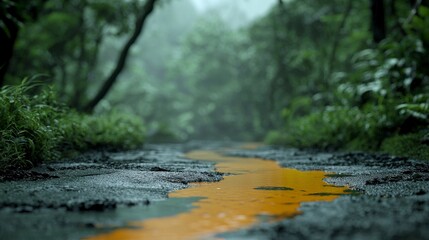 Obraz premium Tranquil Forest Path with Striking Orange Line in Misty Green Landscape After Rainfall, Nature Elements