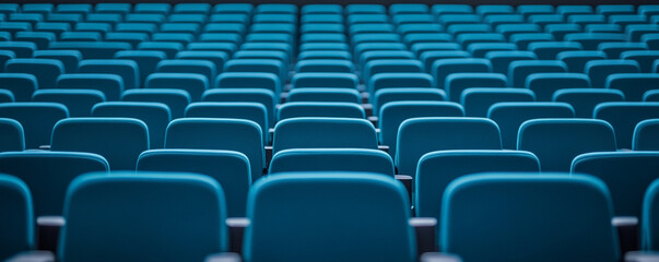 Obraz premium Empty blue seats in a theater create a symmetrical pattern.