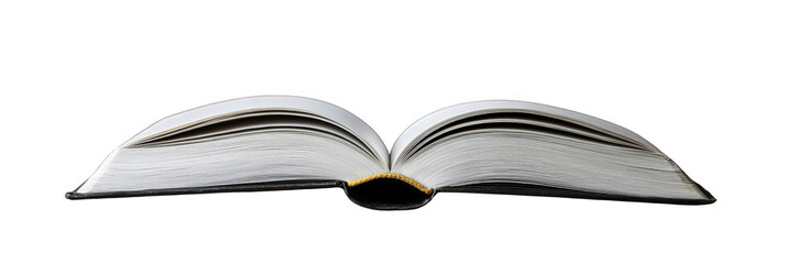 An open book with blank pages, isolated on black, invites reading and learning