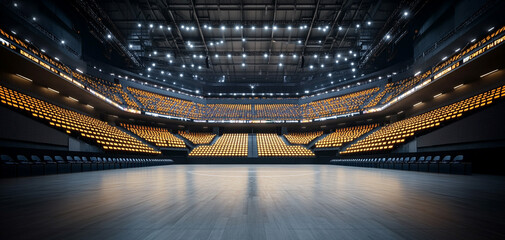 Empty sports arena with illuminated seating and polished floor.