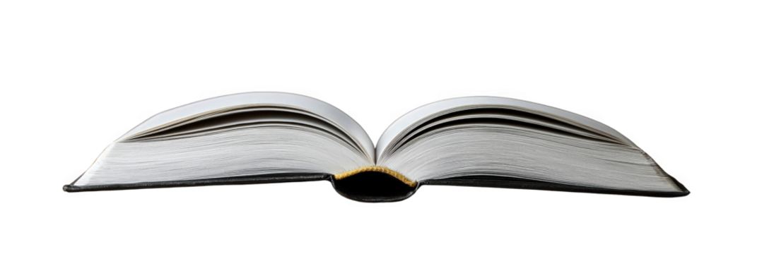 An open book with blank pages, isolated on black, invites reading and learning