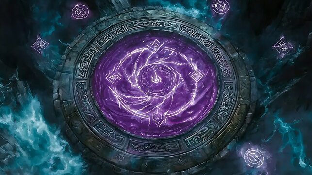 Purple portal activating, ancient ruins, energy surge, fantasy game art
