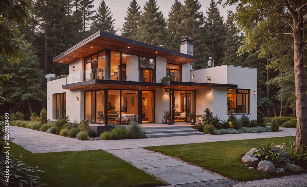 Aufkleber a large house with a large yard and a walkway. the house is surrounded by trees and has a modern des