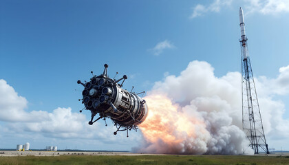 Pixelated Rocket Launch Intense Fire and Smoke Against a Blue Sky