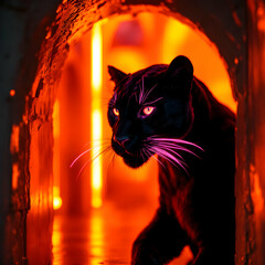 Black Panther in Fiery Orange Tunnel, Glowing Whiskers, Dramatic Lighting