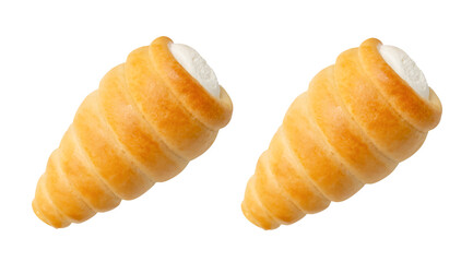 Top view of two puff pastry cream horns isolated on white background with clipping path