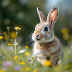 Adorable Brown and White Baby Rabbit in a Vibrant Wildflower Meadow
