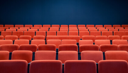 Fototapeta premium Empty theater seating with vibrant red chairs against a blue backdrop.