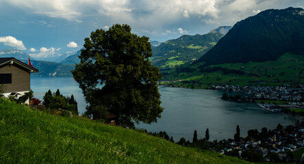 Mountain in the Alps in summer, panoramic view with mountain. Switzerland Alps nature and travel. Alpine scenery. Mountain with lake in Alps. Summer view over the lake and the alps in Switzerland.