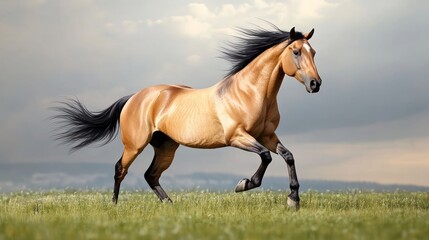 Obraz premium Majestic Buckskin Mustang Galloping Across a Verdant Meadow Under a Dramatic Sky