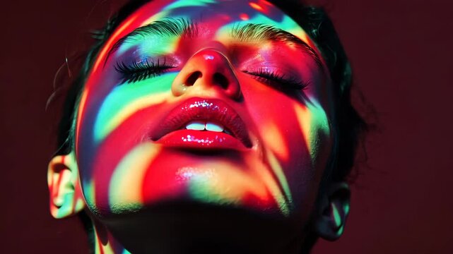 Colorful painted light pattern on woman's face