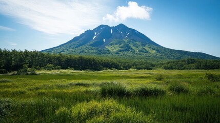Majestic mountain peak rises above vibrant green marshlands under a clear blue sky
