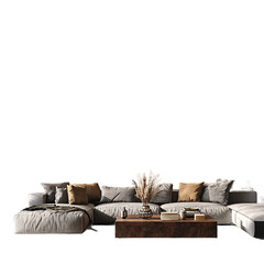 A comfortable, contemporary living room features isolated on transparent background