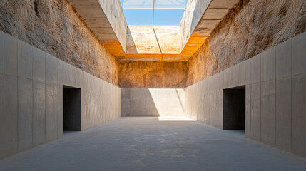 Spacious interior with a skylight and raw stone walls.