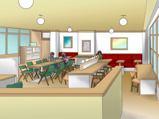 カフェレストラン店内イラスト