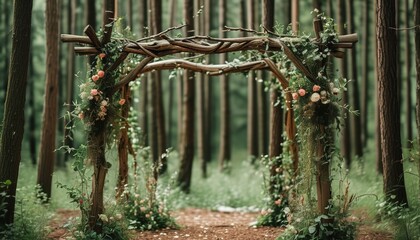 Rustic jewish chuppah in forest setting with copy space