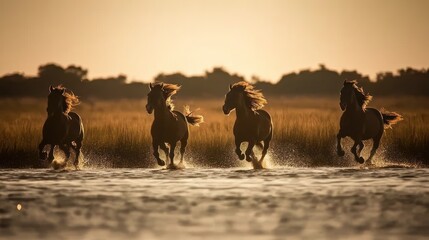 Four dark horses gallop through shallow water at sunset.
