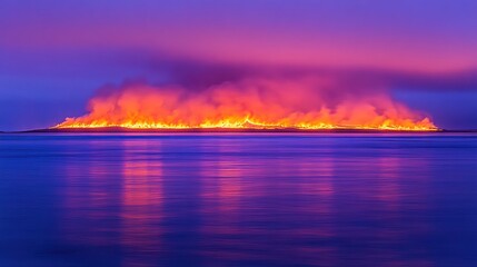 Island engulfed in flames at sunset, reflecting in calm water.
