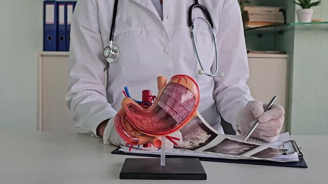 Doctor examines stomach model and ultrasound image. Stomach ulcers, intestinal cysts and oncology and examination