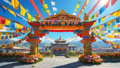 Vibrant buddhist wedding arch with prayer flags and mountain view