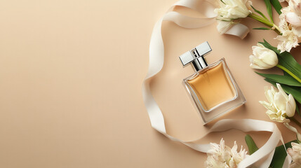 Elegant perfume bottle surrounded by flowers on soft beige background product photography luxurious atmosphere