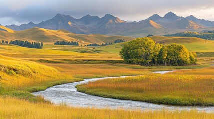 Fototapeta premium Serene autumn landscape with meandering river, golden grasslands, and majestic mountain range under a cloudy sky.