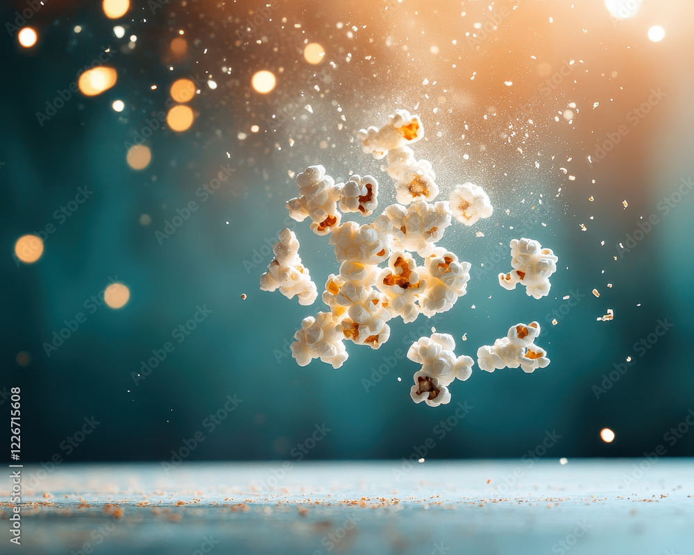 Poster abstract bokeh effect showcases floating popcorn pieces, creating whimsical and dynamic scene filled