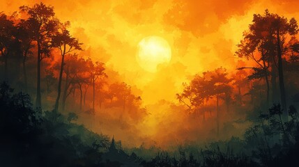 Obraz premium Breathtaking Sunset Over Misty Forest Landscape in Vibrant Colors