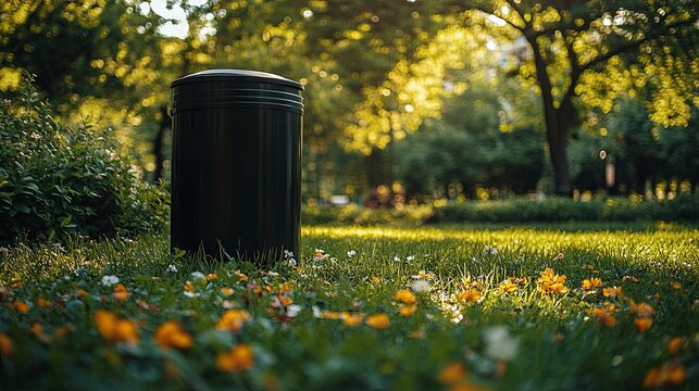 metal trash bin stands on vibrant green grass in a picturesque park, promoting cleanliness, proper waste disposal, and environmental awareness amidst blooming flowers and flourishing trees