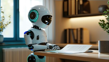 Futuristic robot analyzing documents in a modern office setting