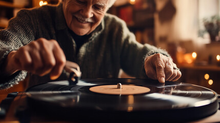 Senior Man Playing Vintage Vinyl Record Player Enjoying Music Home old retro happy hobby sound album