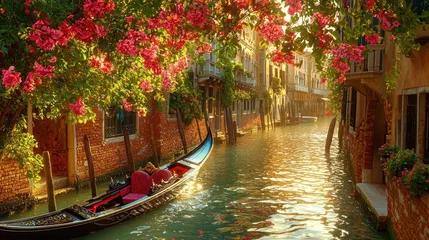 Fotobehang Gondola on Venice canal under blooming bougainvillea. © arsyi_06