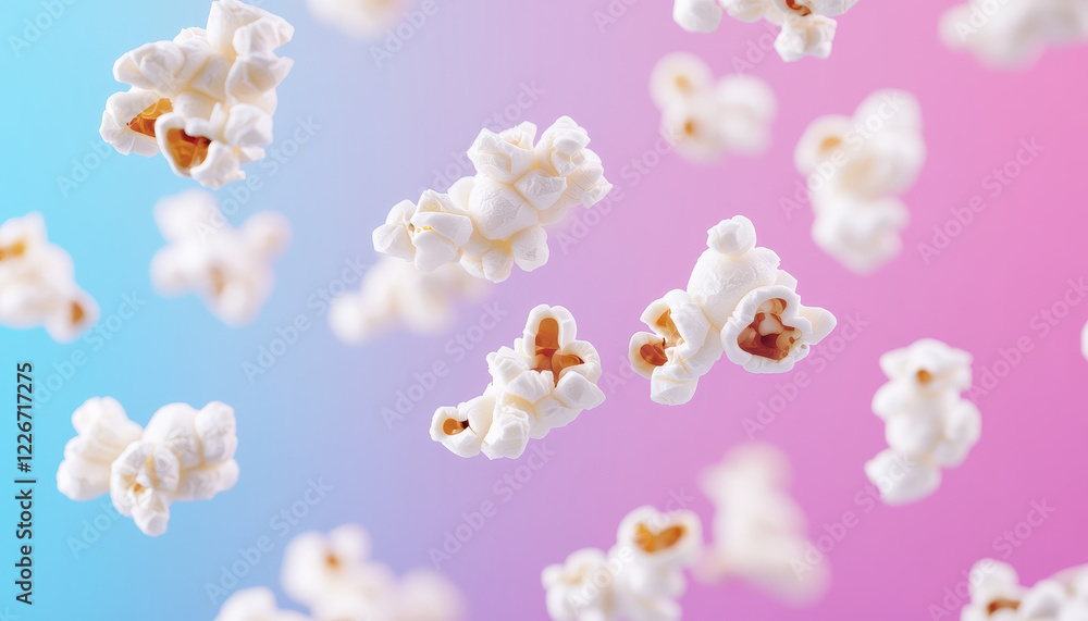 Poster floating popcorn kernels against colorful gradient background create playful and whimsical atmospher