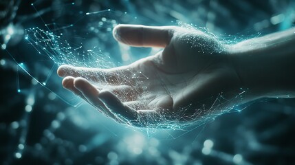 Fototapeta premium AI and human hand connection visualized with futuristic digital elements