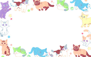 パステルカラーのかわいい猫のフレーム　動物の手描きイラスト背景素材