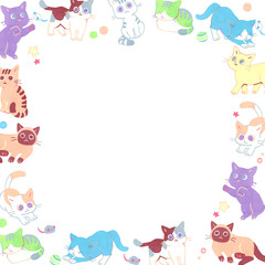 パステルカラーのかわいい猫のフレーム　動物の手描きイラスト背景素材