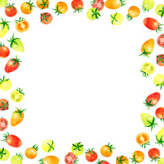 カラフルなプチトマトのフレーム　野菜の手描き水彩イラスト背景素材