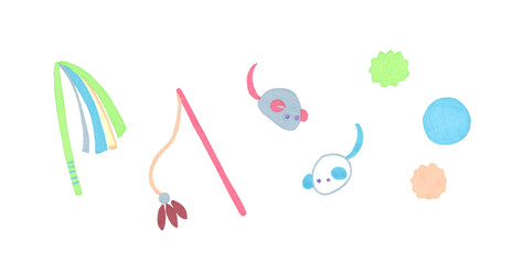 シンプルな猫のおもちゃのセット　ペット用品の手描きイラスト素材