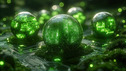 Green circuit spheres on mossy board.