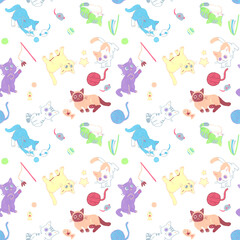 Obraz premium パステルカラーの猫のシームレスパターン 手描きイラストの動物柄