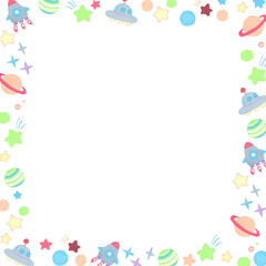 パステルカラーの宇宙モチーフのフレーム　かわいい手描きイラスト背景素材