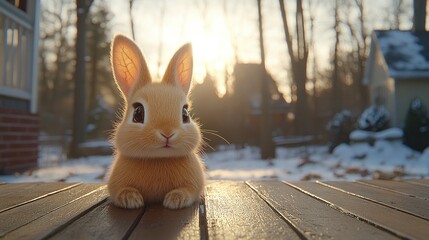 Cute bunny sitting on deck, winter sunset