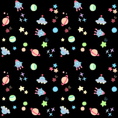 宇宙のかわいいイラストのシームレスパターン　手描きイラストの背景素材