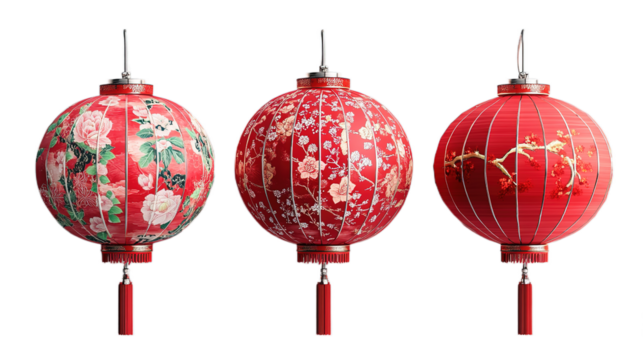 set of lanterns, red lanterns, new year, holiday, chinese, transparent background, cut out