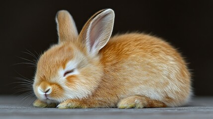 Obraz premium Cute orange bunny sleeping peacefully on wood, dark background