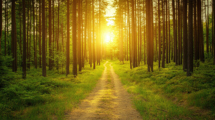 Naklejka premium Forest path with sunlight shining through trees.